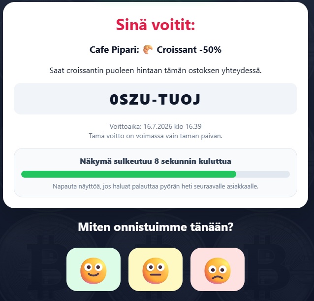 HappySpin-voittokortti ja HappyNow-mittari asiakkaan näkymässä
